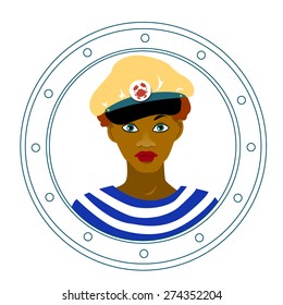 Girl with captain hat in frame of porthole
