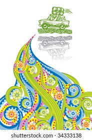 The girl in the car in abstract collage. Format A4. Vector illustration. Isolated groups and layers. Global colors.