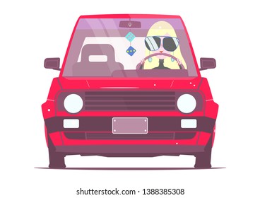 A Girl In A Car From The Eighties In Bright Colors. Flat Vector Without Gradients And Layers.