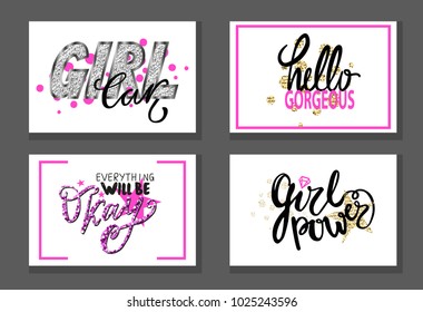 Girl car, hello gorgeous, everything will be okay, girlish power set of graffiti inscriptions in pink and black color vector isolated on white