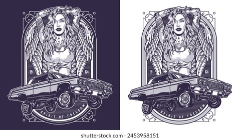 Girl with car monochrome flyer for lowrider show or street racing and hot woman with angel wings vector illustration