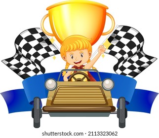 Girl Car Racer On Trophy And Race Flag Illustration