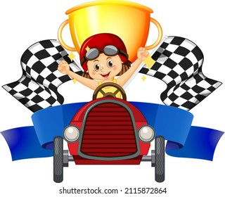 Girl Car Racer On Trophy And Race Flag Illustration