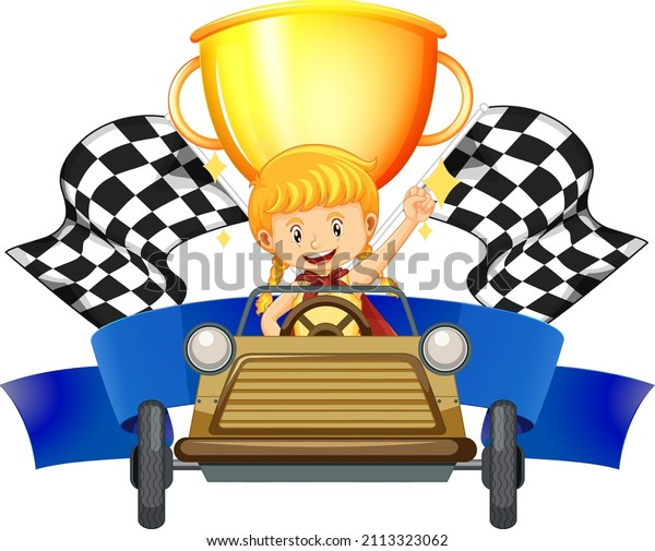 Girl car
racer on trophy and race flag
illustration