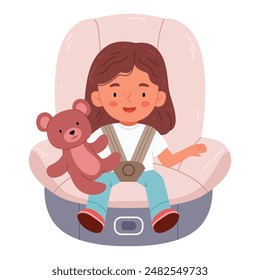 A girl in a car seat with a teddy bear.Child secured with safety belt in backseat. Girl in baby auto chair, toy in hand. Road travel security. 