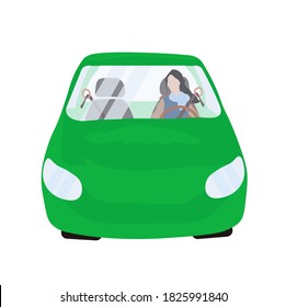 Girl in a car vector stock illustration. Beautiful woman driving a green car. Car loans test drive. Driving school. Isolated on a white background.