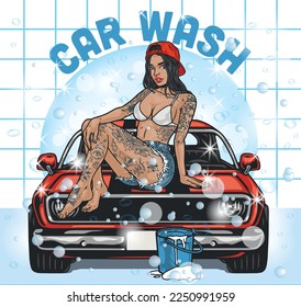 Girl car washer colorful poster belle in shorts and bra sits on hood auto surrounded by soap bubbles vector illustration