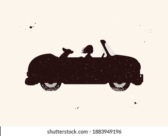 Girl in car. Woman silhouette driving. Road trip. Night starry sky