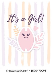 It's a Girl card with a baby Cat pet, Heart and flowers. Cute Baby Shower, Arrival announcement card design element. Its a Girl lettering. Kids nursery decor. Childish party greeting postcard. Vector