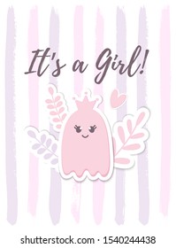 It's a Girl card with a baby Ghost, Crown and flowers. Cute Baby Arrival announcement card design element. It's a Girl lettering. Kids nursery decor. Halloween childish party greeting postcard. Vector