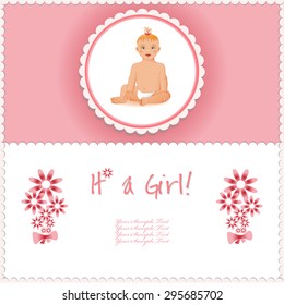 It's a girl card or background. 
Sweet little girl sitting and smiling.
Realistic image.
