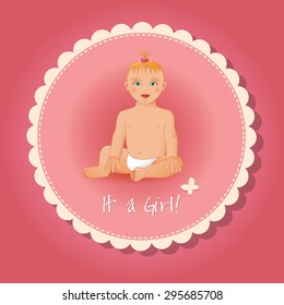 It's a girl card or background. 
Sweet little girl sitting and smiling.
Realistic image.