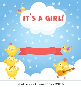 It's a girl card. Birthday card for newborn girl. vector illustration for your design.