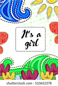 It's a girl card with bright doodle illustration