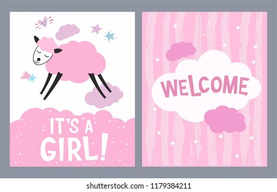 It's a girl card with cute pink sheep. Baby shower greeting cards
