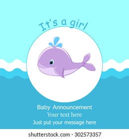It's a girl card design Baby shower invitation template Baby arrival, baby girl announcement Violet baby whale with a water splash on blue waves sea and sky background Baby girl shower card template
