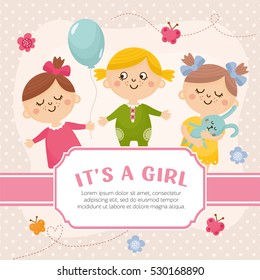 It's a Girl card. Invitation template with cute baby girls, place for your text. Labels with letters and kids illustration.