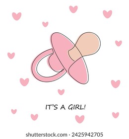 It's a girl card with pacifier drawn in one continuous line. One line drawing, minimalism. Vector illustration.