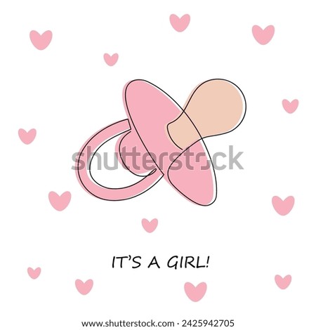 It's a girl card with pacifier drawn in one continuous line. One line drawing, minimalism. Vector illustration.