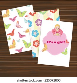 Its a girl card and seamless patterns set. Vector. Eps 10.