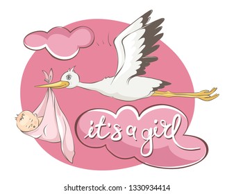 It's a girl -- card. Vector illustration, Stork bears baby.
