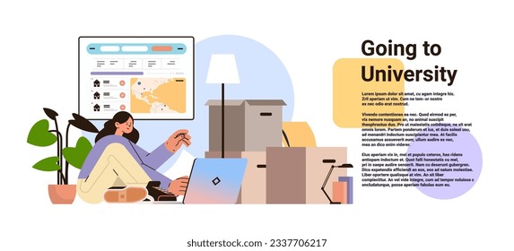 girl with cardboard boxes using laptop student going to university science and education concept
