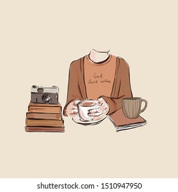 Girl in a cardigan and a T-shirt with the inscription but first coffee drinking coffee with a book, vintage camera. Watercolor hand drawn vector illustration. Autumn aesthetic mood