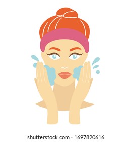 Girl cares about her face. Young woman cleans her skin. Hand drawn illustration. Vector illustration