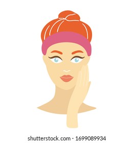 Girl cares about her face. Morning care routine. Different facial care products. Vector illustration.