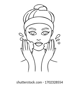 Girl cares about her face. Young woman cleans her skin. Hand drawn illustration. Vector illustration