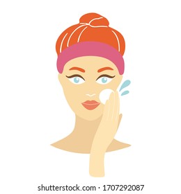 Girl cares about her face. Young woman cleans her skin. Hand drawn illustration. Vector illustration