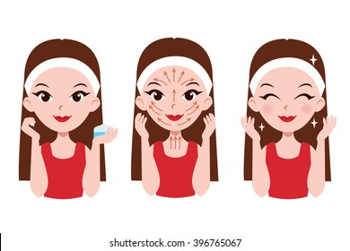 Girl cares about her face. Steps how to apply cream to the face and neck. Facial massage lines.