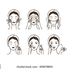 Girl cares about her face. Different facial care procedures. Vector illustration.