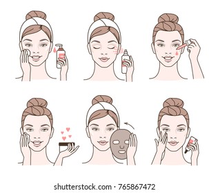 Girl cares about her face. Different facial treatment procedures. Line style vector illustration.