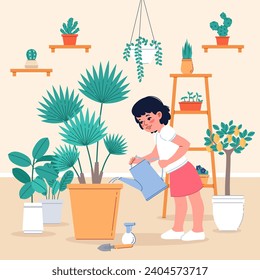Girl cares house plants. Cute little gardener watering potted flower at room, home greenhouse, kids hobby, responsibility, exotic monstera and cactus cartoon flat isolated vector concept