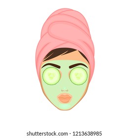 Girl cares and protects her face with various actions, facial, treatment, beauty, healthy, hygiene, lifestyle, set, in a towel, mask,