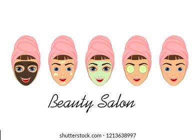 Girl cares and protects her face with various actions, facial, treatment, beauty, healthy, hygiene, lifestyle, set, in a towel, black mask, cucumber