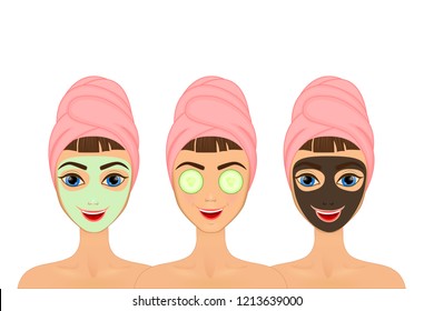 Girl cares and protects her face with various actions, facial, treatment, beauty, healthy, hygiene, lifestyle, set, in a towel, black mask, cucumber