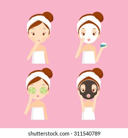 Girl cares and protects her face  with various actions, facial, treatment, beauty, healthy, hygiene, lifestyle, set