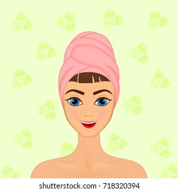 Girl cares and protects her face with various actions, facial, treatment, beauty, healthy, hygiene, lifestyle, set, in a towel, cucumber.