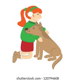 Girl caress the dog. Vector illustration