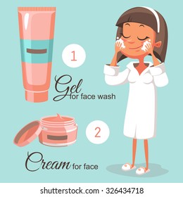 Girl caring for her face. Care in the morning. Facials. Morning Care. Icons: Face Wash, Face Cream