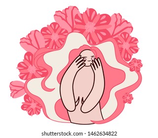 The girl caring for her face, frame and flowers around. Vector illustration