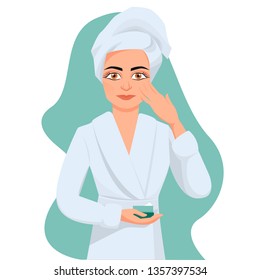 A girl caring for herself, for her face, applies cream to her face. Flat cartoon style vector illustration. Vector graphics.Design element for print, web pages, magazine articles on the relevant topic