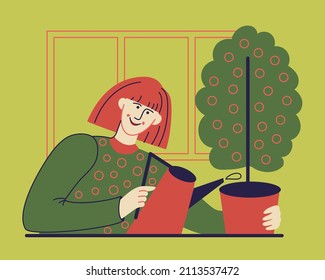 Girl caring for house plant in home garden. Woman watering flowers.