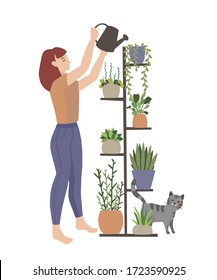 Girl caring for house plants in home garden with cat. Daily life and everyday routine scene by young woman. Stay home, self isolation concept vector illustration.