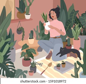 Girl caring for house plants in urban home garden with cat. Daily life and everyday routine scene by young woman in scandinavian style cozy interior with homeplants. Cartoon vector illustration.