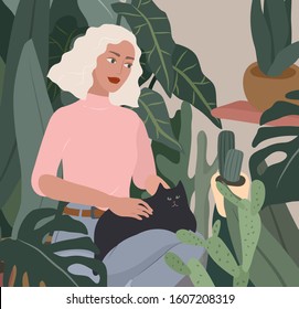 Girl caring for house plants in urban home garden with cat. Daily life and everyday routine scene by young woman in scandinavian style cozy interior with homeplants. Cartoon vector illustration.