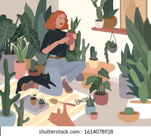 Girl caring for house plants in urban home garden with cat. Daily life and everyday routine scene by young woman in scandinavian style cozy interior with homeplants. Cartoon vector illustration.