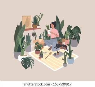 Girl caring for house plants in urban home garden with cat. Daily life and everyday routine scene by young woman in scandinavian style cozy interior with homeplants. Cartoon vector illustration.